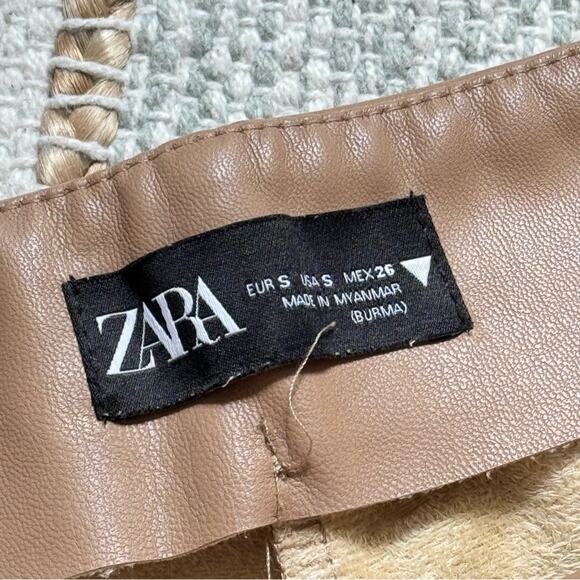 Zara Beige Camel Tan Faux Leather Slim Leg High Rise Pant Hem Slit Women’s Small - Picture 9 of 12